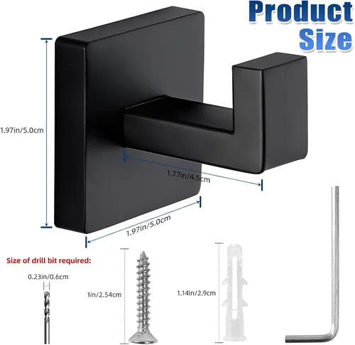 Miniatura 6 de Ganchos de toalla negros mate para baños, gancho moderno de acero inoxidable resistente montado en la pared, paquete de 4, ideal para colgar Negro