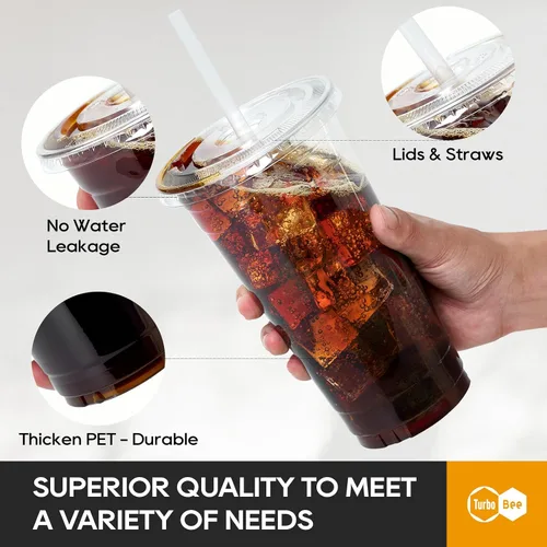 Miniatura 3 de Turbo Bee - 25 juegos de vasos de plástico transparente de 32 oz con tapas y popotes desechables para llevar, vasos con tapas para café helado