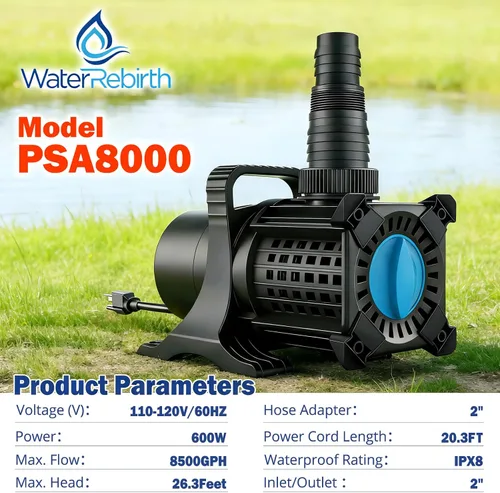 Miniatura 2 de WaterRebirth PSA8000 Bomba de agua dulce resistente, 8500 GPH 600W potente bomba sumergible/en línea, elevación extra alta de 26.3 pies