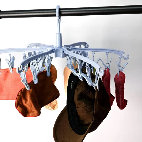 Miniatura 5 de Estante de secado plegable con 24 clips para secar calcetines, ropa de bebé, toallas de secado giratorias, 2 unidades (azul)
