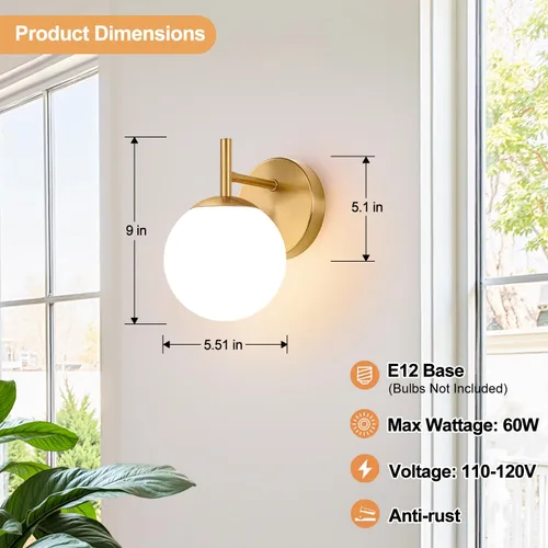 Miniatura 7 de Juego de dos apliques de pared dorados, paquete de 2 lámparas de baño de oro cepillado con vidrio de globo blanco lechoso, apliques modernos