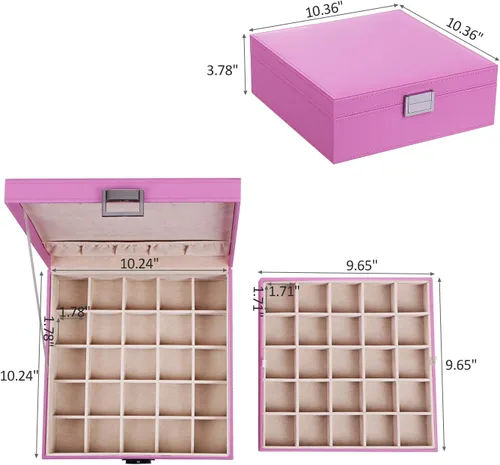 Miniatura 7 de BEWISHOME Soporte organizador de aretes para niñas, funda de 50 ranuras, 6 ganchos para collares, 2 bandejas apilables, caja de joyería rosa