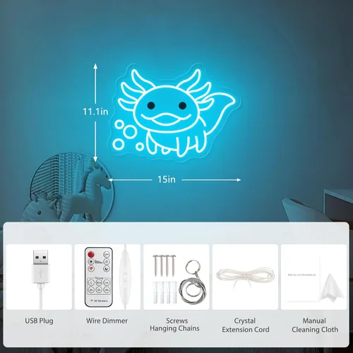 Miniatura 7 de Axolotl - Letrero de neón para regalos de niños y niñas, letrero LED de ajolote azul hielo alimentado por USB, letrero de luz nocturna regulable