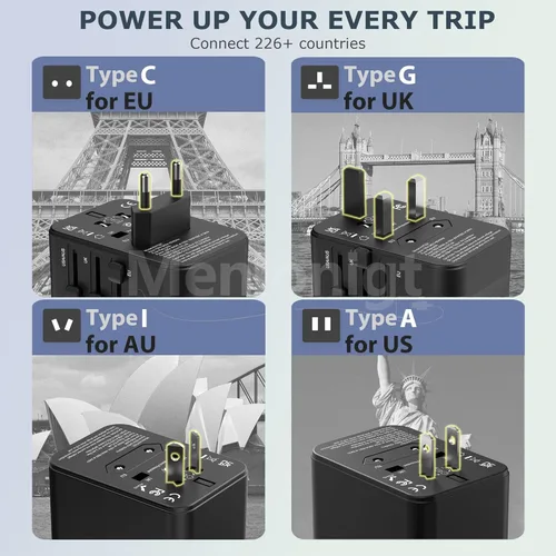 Miniatura 9 de Adaptador de viaje universal, enchufe de alimentación internacional con 2 puertos USB-C y 2 puertos USB-A, cargador de pared mundial para Europa