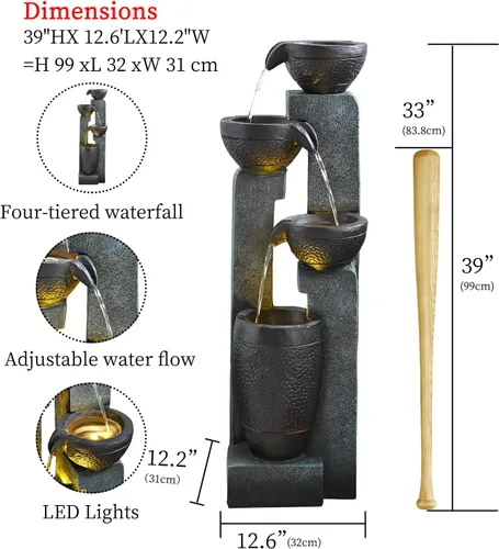 Miniatura 6 de Fuente de agua para jardín, 40 pulgadas, fuente de agua para uso al aire libre en patio, jardín, patio trasero y decoración del hogar Gris1