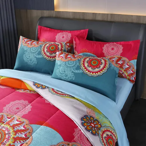 Miniatura 4 de LweiPsqLin - Juego de cama en una bolsa de 7 piezas tamaño full, estilo bohemio colorido con estampado rojo y azul, juego de edredón reversible