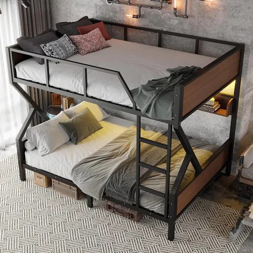 Miniatura 16 de Bellemave Litera Twin XL sobre Queen con estantes de almacenamiento y luces LED, literas de metal con escaleras, marco de litera resistente
