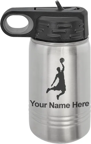 Miniatura 46 de LaserGram Botella de agua personalizada, hombre haciendo slam dunk de baloncesto, de acero inoxidable, de doble pared con aislamiento al vacío