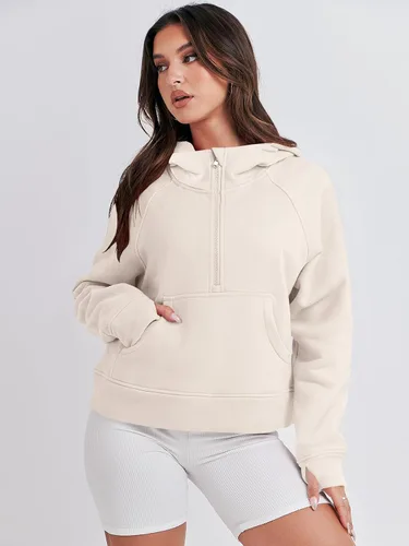 Miniatura 7 de ANRABESS Sudaderas con capucha corta con media cremallera para mujer, sudadera de forro polar con cremallera de un cuarto, ropa de invierno 2023