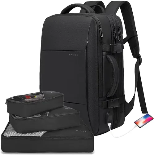Miniatura 8 de BANGE Mochilas de viaje de 35L, mochila de mano expandible para aviones, mochila impermeable para laptop de 17.3 pulgadas para hombres y mujeres
