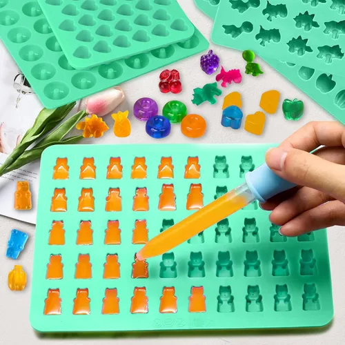 Miniatura 6 de Juego de 5 moldes de goma de silicona, moldes de silicona para dulces con 2 cuentagotas para un relleno cómodo, juego de moldes de gomita incluye