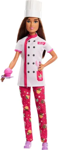 Barbie Muñeca y accesorios, muñeca de chef pastelero profesional con sombrero y rebanada de pastel