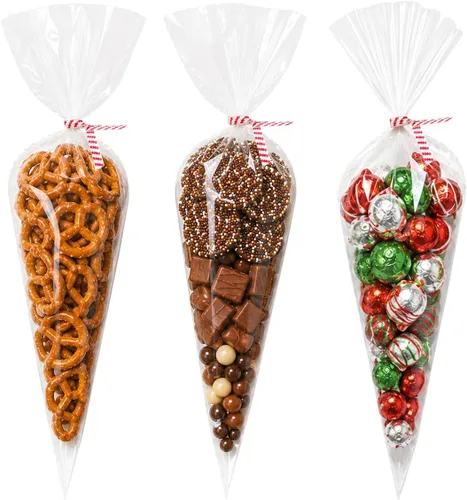 Miniatura 8 de EKAPACKAGING 50 bolsas de celofán para dulces en forma de cono con estampado de estrella de 7x15 pulgadas, con cierre giratorio triangular, bolsas