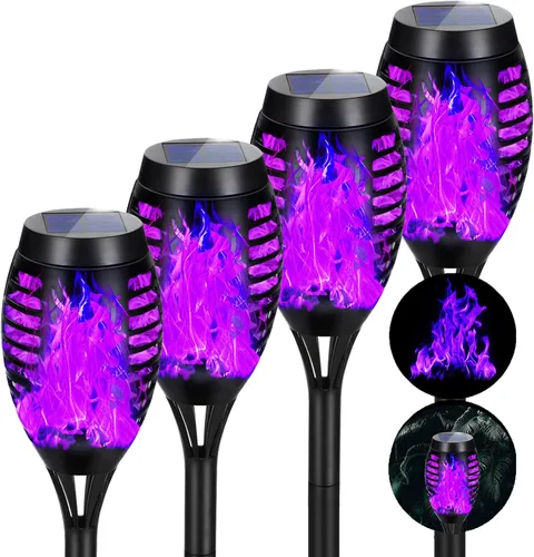 Miniatura 9 de Paquete de 4 antorchas solares impermeables para exteriores, llama parpadeante azul, luces solares de jardín para patio, antorchas Tiki