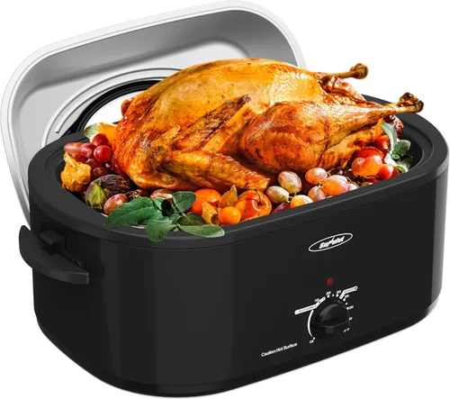Sunvivi Horno Eléctrico de 26 Cuartos con Tapa de Autohilvanado, Horno Eléctrico para Pavo con Bandeja Extraíble, Buffet de Asador de Pavo con Asas