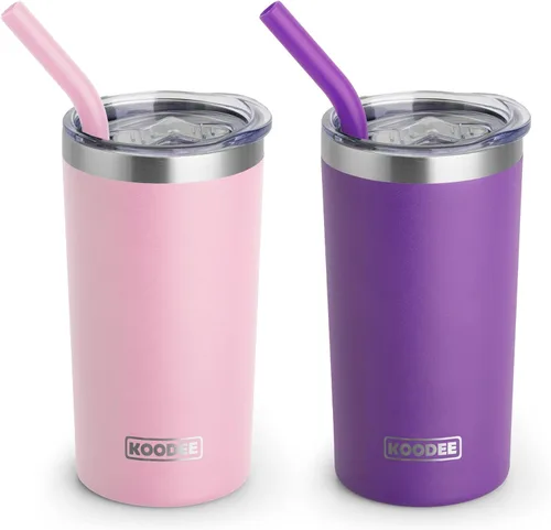 Miniatura 50 de Koodee - Vaso delgado de acero inoxidable de 20 onzas (4 unidades) aislado con doble pared, vaso de agua con 4 tapas, 4 popotes y 2 cepillos