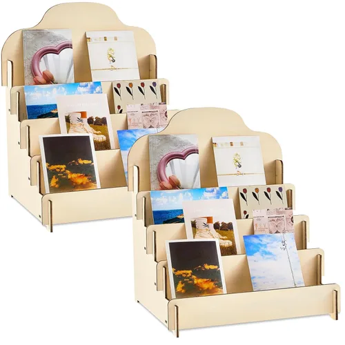 Barydat 2 piezas, soporte de exhibición para tarjetas de felicitación de 4 niveles, soporte de exhibición de etiquetas adhesivas de madera, soporte