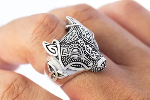 Miniatura 3 de Anillo de triquetra celta nórdico con cabeza de lobo vikingo de plata de ley 925 (13), Plata de ley, Sin piedras preciosas