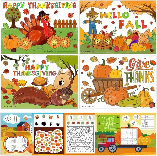 PETCEE Manteles individuales para colorear de Acción de Gracias, 16 manteles individuales de doble cara de 14 x 10 pulgadas para niños, para