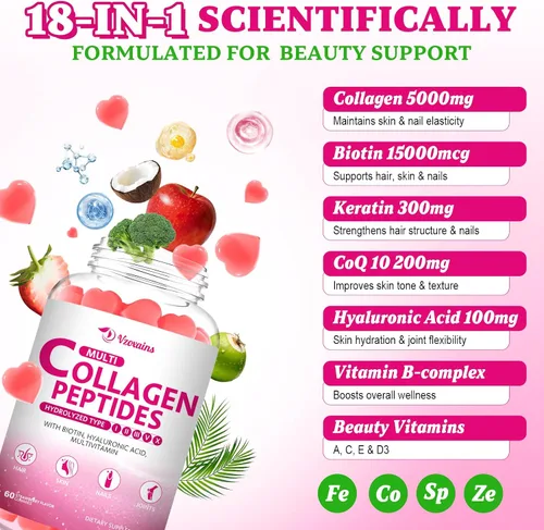 Miniatura 4 de Gomitas de péptidos de colágeno múltiple, gomitas de colágeno para mujeres y hombres, proteína tipo I, II, III, V, X con biotina, ácido hialurónico