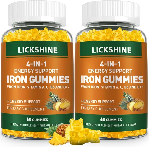 Paquete de 2 gomitas veganas de suplemento de hierro de 100 mg para mujeres y hombres, con vitamina C, A, B para adultos y niños, apoyo energético
