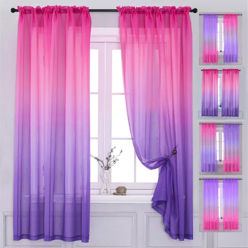 Yancorp cortinas semitransparentes de 2 paneles; para dormitorio, de lino, color rosa, morado, turquesa, azul, amarillo, ombré, cortinas para niñas,
