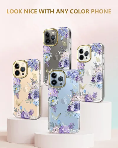 Miniatura 6 de Funda transparente compatible con iPhone 12 Pro iPhone 12 con purpurina y diseño de flores protectoras, a prueba de golpes, delgada, de poliuretano