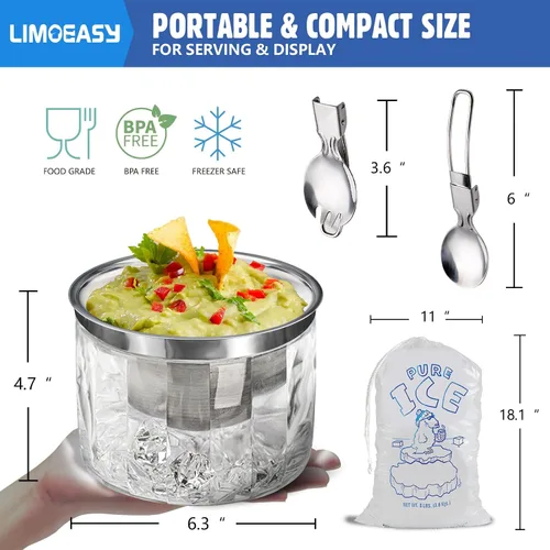 Miniatura 3 de LIMOEASY Paquete de 2 tazones pequeños refrigerados para servir, 25 onzas, cuenco enfriado con hielo para salsas con tapa para fiestas, plato