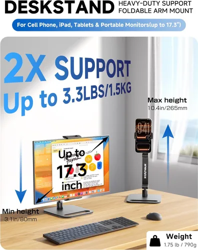 Miniatura 6 de Soporte para tableta para iPad, soporte de monitor portátil para 15.6 pulgadas, 17.3 pulgadas Aluminum Alloy Foldable Arm Mount with 360° Swivel