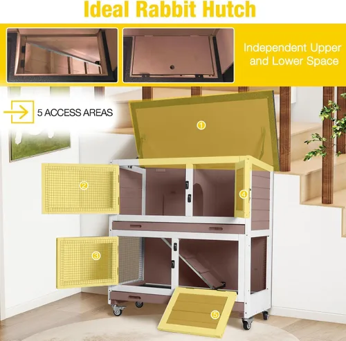 Miniatura 3 de Aivituvin Rabbit Hutch - Jaula para conejitos de interior para exteriores, casa de mascotas de 2 pisos, jaula de conejillo de indias con ruedas