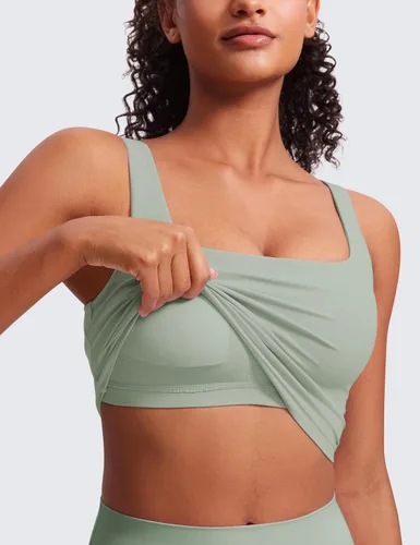 Miniatura 43 de CRZ YOGA Butterluxe Brasier deportivo de cuello cuadrado para mujer, estilo camiseta corta sin mangas, acolchado con soporte integrado para yoga