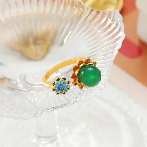 Miniatura 8 de Anillos de jade de loto chino para mujer, anillo étnico ajustable de apertura, Esmalte, No