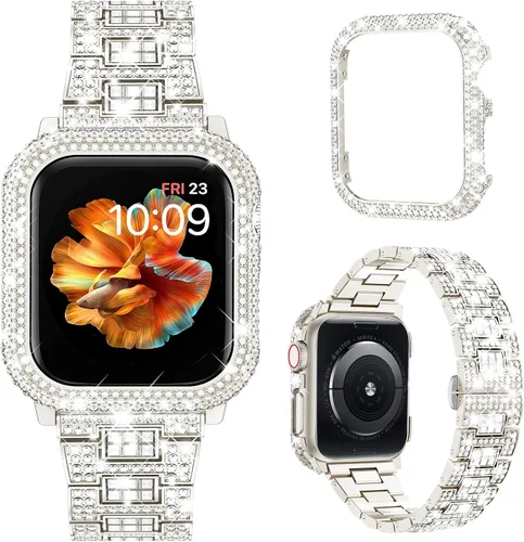 Miniatura 7 de Mosonio Compatible con correas brillantes para Apple Watch de 40/44/41/45/42/1.811 in con caja de metal brillante, bandas de diamantes de lujo