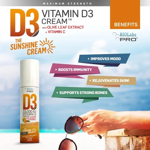 Miniatura 2 de BIOLABS PRO Crema natural de vitamina D3 de 15000 UI de vitamina D, máxima fuerza, combate la deficiencia de vitamina D de forma natural