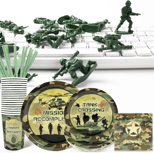 Miniatura 4 de Recheel Suministros para fiesta temática del Ejército de cumpleaños, juego de platos y servilletas de papel con temática de camuflaje para 24 Militar