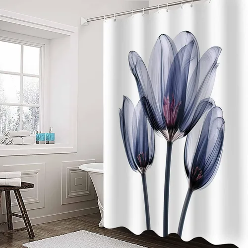 Miniatura 4 de Cortina de ducha, fotografía abstracta de tulipanes de flores azules transparentes, juego de cortina de ducha de tela impermeable con 12 ganchos
