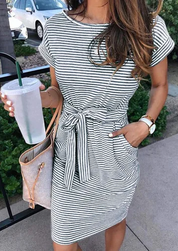 Miniatura 2 de MEROKEETY - Vestido de verano con manga corta, a rayas, casual, estilo camiseta, con lazo en la cintura y bolsillos, para mujer