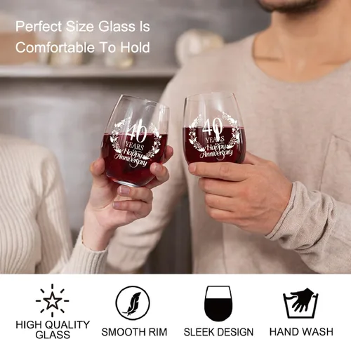 Miniatura 5 de Perfectinsoy Juego de 2 copas de vino de 40 años de feliz aniversario, regalo de boda para mamá, papá, esposa, alma gemela, pareja, divertido