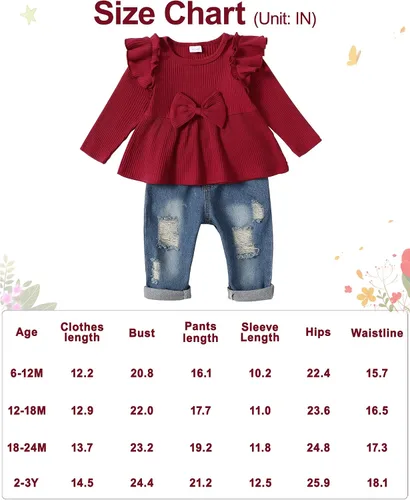 Miniatura 6 de YALLET Conjunto de ropa de bebé niña con volantes y pantalones de mezclilla rasgados