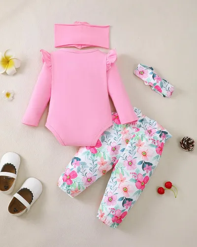 Miniatura 35 de SUNNY PIGGY Ropa para bebé recién nacida, con volantes, mameluco de algodón floral, conjunto de pantalones de algodón para niñas