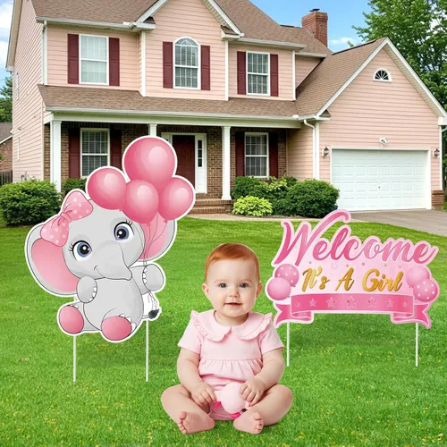 Miniatura 5 de 2 piezas de señal de jardín para baby shower con estaca, señal de revelación de género rosa, elefante, decoración de césped, bienvenida, es una