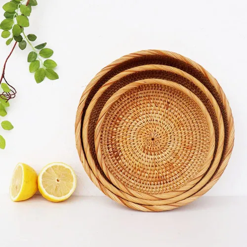 Miniatura 4 de I-lan Cesta de pan de ratán de 9 pulgadas con pared de 2 pulgadas, bandeja plana de mimbre con borde enrollado, cuenco redondo decorativo para todos