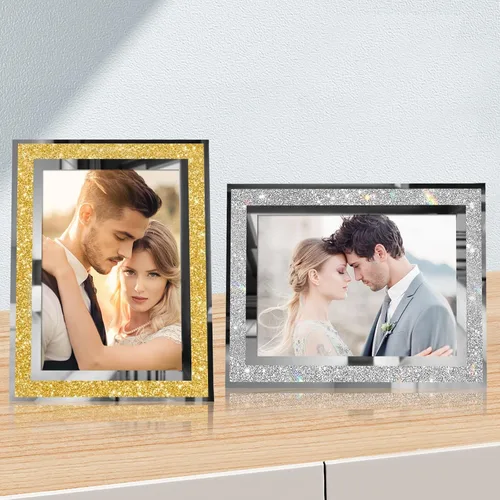 Miniatura 6 de Egofine Juego de 4 marcos de fotos de 4 x 6 pulgadas, marcos de fotos de cristal plateado para boda, para exhibición de mesa vertical u