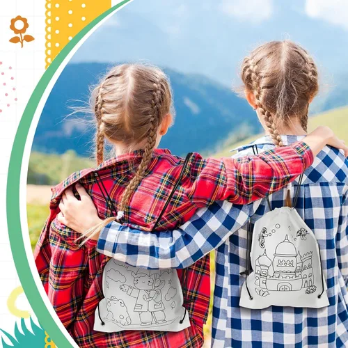 Miniatura 4 de Aliceset Paquete de 16 bolsas con cordón preimpresas y juegos de pintura de acuarela con contorno predibujado con cordón, mochila con cordón a
