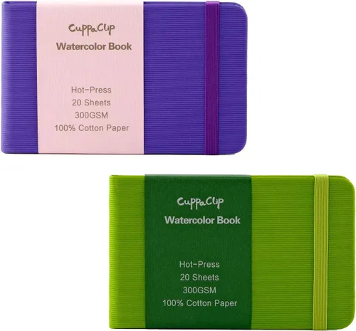 CuppaClip Papel de acuarela de algodón prensado en caliente con bolsillo interior, cuaderno de bocetos de acuarela, diario como cuaderno de viaje,