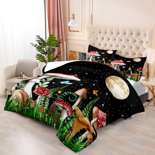 Miniatura 3 de LUVIVIHOME Juego de edredón de 2 piezas de hongos trippy rojos, tamaño individual, ropa de cama para niños y niñas, plantas botánicas verdes