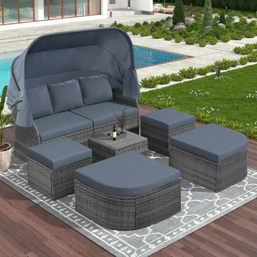 Miniatura 14 de Sofá cama redondo de ratán al aire libre con toldo retráctil y mesa de centro elevadora, muebles de patio, juego de sofá para piscina Garde