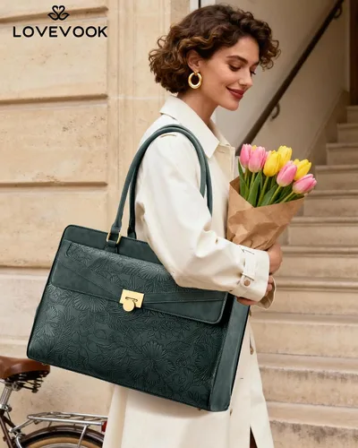 Miniatura 2 de LOVEVOOK Bolso de lona para laptop para mujer - Bolso de trabajo vintage de cuero PU, bolso de negocios para maestra resistente al agua