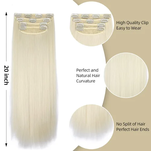 Miniatura 5 de Extensiones de cabello sintético con pinzas, largas y lacias, gruesas, extensiones de cabello natural de fibra de color rubio 613 de doble trama, 20