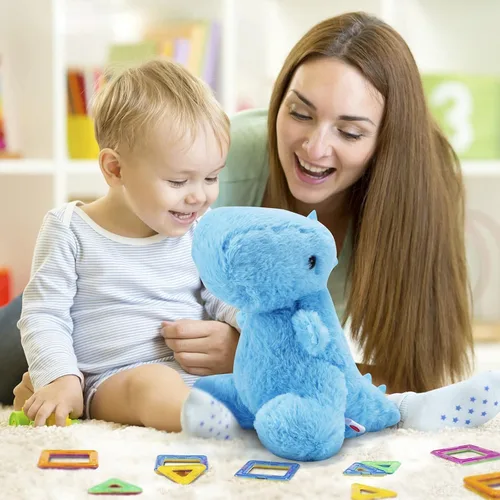 Miniatura 7 de Animales de peluche de dinosaurio azul para niños, 9 pulgadas de peluche suave de dinosaurio para baby shower, lindo juguete T-rex para niños